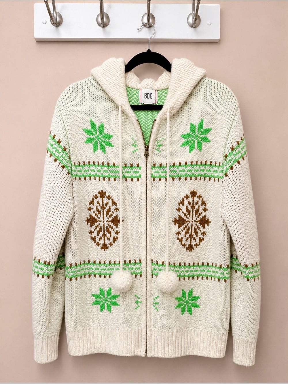 BDG Urban Outfitters Fair Isle Knit Zip Hoodie Sweater Pom Pom l Small oversized